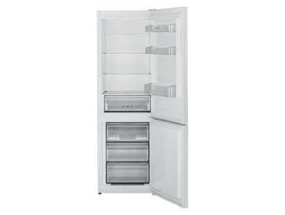 Open view of NordMende RFF335WH showing fridge shelves and freezer drawers