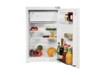 Open view of NordMende RII880A+ integrated fridge with food 