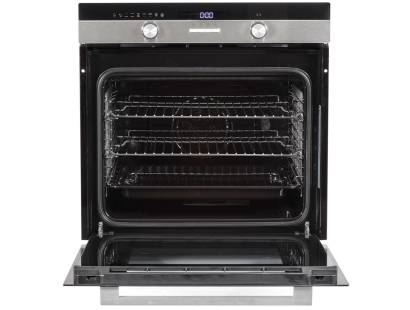 Open view of SOP525IX showing 70-litre oven cavity and shelving
