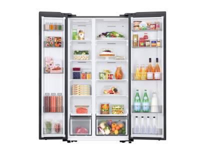 Open view of Samsung RS57DG400EM9EU fully stocked with groceries in fridge and freezer compartments