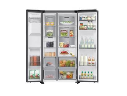 Open view of Samsung RS70F64KEFEU stocked with groceries in fridge and freezer compartments