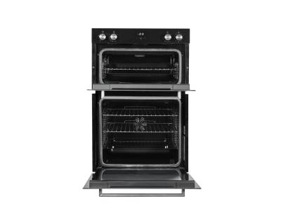 Open view of both main and top oven cavities showing shelves and grill tray