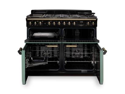 Open view of the Rangemaster 110cm dual fuel range cooker with chrome trim