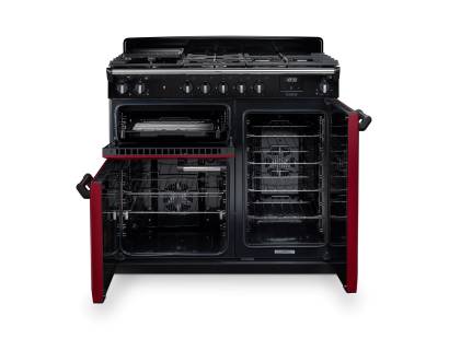 Open view of the Rangemaster Classic 100 range cooker with five gas burners two ovens and grill