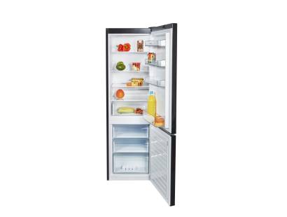 Open view showing fridge shelves and freezer drawers