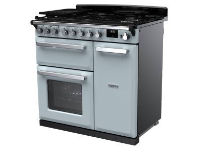 Rangemaster 90cm Estel Deluxe Dual Fuel Misty Blue Chrome Range Cooker 14981