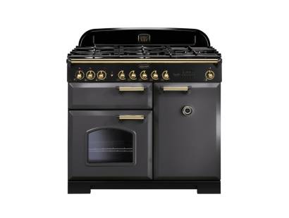 Rangemaster CDL100DFFSL/B - 100cm Classic Deluxe Dual Fuel Slate/Brass Range Cooker 124210