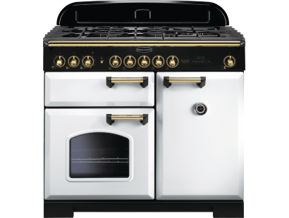 Rangemaster CDL100DFFWHB - 100cm Classic Deluxe Dual Fuel White Brass Range Cooker 113860