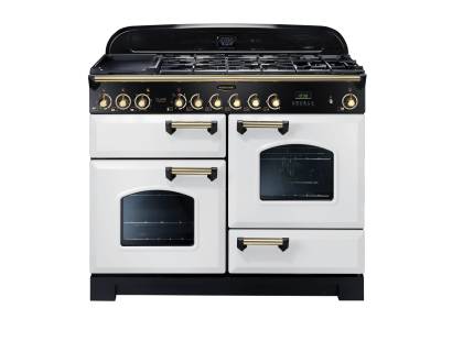 Rangemaster CDL110DFFWHB - 110cm Classic Deluxe Dual Fuel White Brass Range Cooker 112940