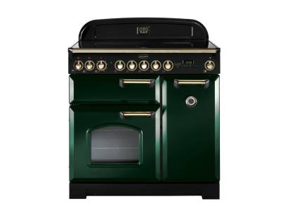 Rangemaster CDL90ECRGB 90cm Classic Deluxe Electric Ceramic Racing Green Brass Range Cooker 114240