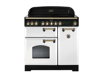 Rangemaster CDL90EIWHB 90cm Classic Deluxe Electric Induction White Brass Range Cooker 113740