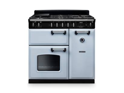 Rangemaster CL90DFPMSBCM1 Classic 90cm dual fuel range cooker in misty blue with chrome trim
