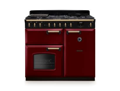 Rangemaster CLDL100DFPBORAB1 Classic Deluxe 100cm dual fuel range cooker in bordeaux with antique brass trim