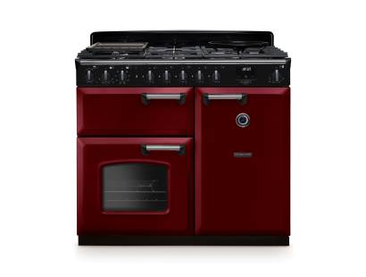 Rangemaster CLDL100DFPBORCM1 100cm Classic Deluxe Dual Fuel Range Cooker in Bordeaux with chrome trim