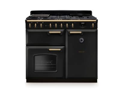 Rangemaster CLDL100DFPCBLAB1 Classic Deluxe 100cm dual fuel range cooker in charcoal black with antique brass trim