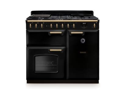 Rangemaster CLDL100DFPGBLAB1 Classic Deluxe 100cm dual fuel range cooker in gloss black with antique brass trim