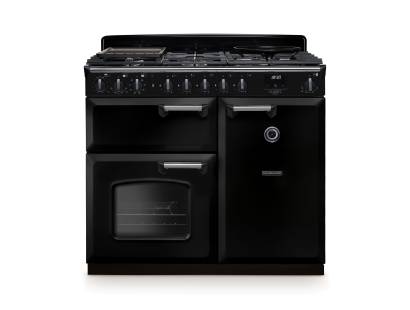 Rangemaster CLDL100DFPGBLCM1 100cm Classic Deluxe Dual Fuel Range Cooker in gloss black with chrome trim