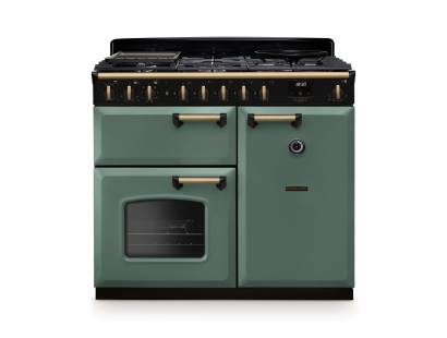Rangemaster CLDL100DFPMGRAB1 Classic Deluxe 100cm dual fuel range cooker in mineral green with antique brass trim
