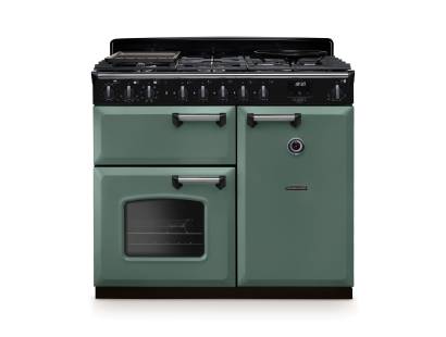 Rangemaster CLDL100DFPMGRCM1 100cm Classic Deluxe Dual Fuel Range Cooker in mineral green with chrome trim