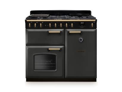 Rangemaster CLDL100DFPSLTAB1 Classic Deluxe 100cm dual fuel range cooker in slate with antique brass trim