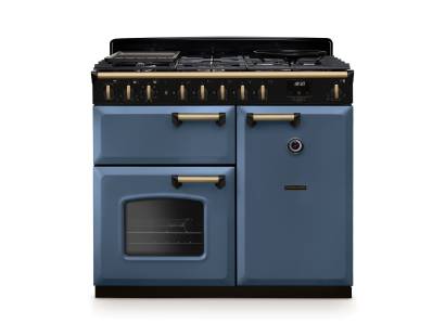 Rangemaster CLDL100DFPSTBAB1 Classic Deluxe 100cm dual fuel range cooker in stone blue with antique brass trim