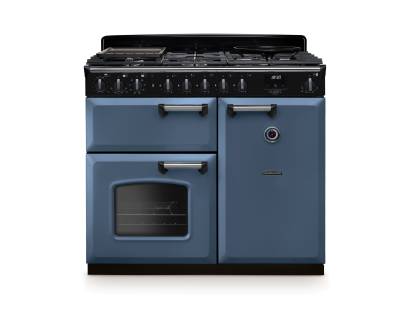 Rangemaster CLDL100DFPSTBCM1​ 100cm Classic Deluxe Dual Fuel Range Cooker in stone blue with chrome trim