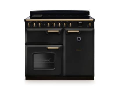 Rangemaster CLDL100EIPCBLAB1 100cm Classic Deluxe Induction Range Cooker in charcoal black with antique brass trim