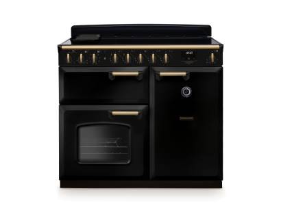 Rangemaster CLDL100EIPGBLAB1 100cm Classic Deluxe Induction Range Cooker in gloss black with antique brass trim
