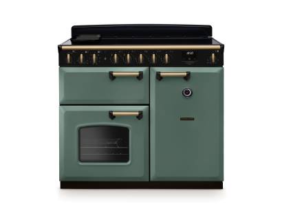Rangemaster CLDL100EIPMGRAB1 100cm Classic Deluxe Induction Range Cooker in mineral green with antique brass trim