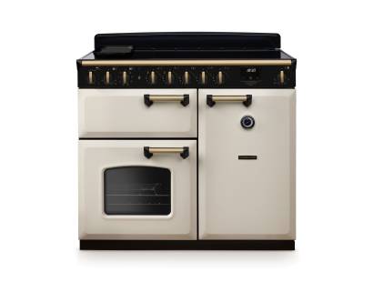 Rangemaster CLDL100EIPPCRAB1 100cm Classic Deluxe Induction Range Cooker in pale cream with antique brass trim