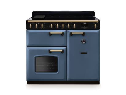 Rangemaster CLDL100EIPSTBAB1 100cm Classic Deluxe Induction Range Cooker in stone blue with antique brass trim