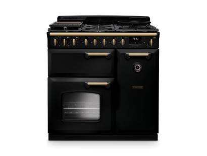 Rangemaster CLDL90DFPCBLAB1 90cm Classic Deluxe Dual Fuel Range Cooker in Charcoal Black with Antique Brass Trim