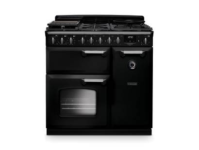 Rangemaster CLDL90DFPGBL Classic Deluxe 90cm dual fuel range cooker in gloss black with chrome trim
