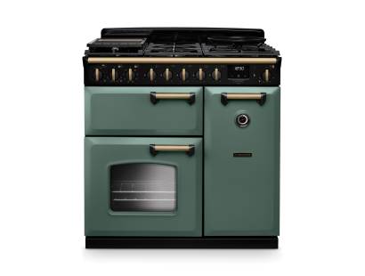 Rangemaster CLDL90DFPMGRAB1 90cm Classic Deluxe Dual Fuel Range Cooker in Mineral Green with Antique Brass Trim