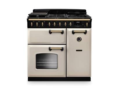 Rangemaster CLDL90DFPPCRAB1 90cm Classic Deluxe Dual Fuel Range Cooker in Pale Cream with Antique Brass Trim