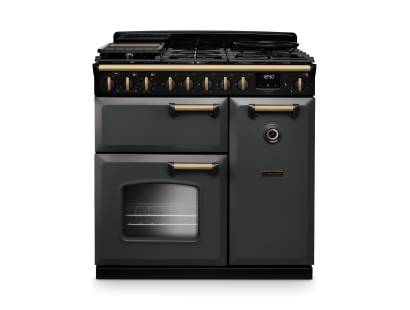Rangemaster CLDL90DFPSLTAB1 90cm Classic Deluxe Dual Fuel Range Cooker in Slate with Antique Brass Trim