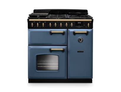 Rangemaster CLDL90DFPSTBAB1 90cm Classic Deluxe Dual Fuel Range Cooker in Stone Blue with Antique Brass Trim