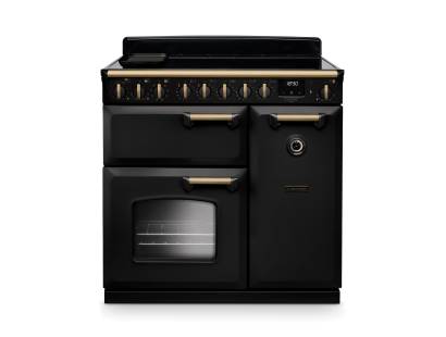 Rangemaster CLDL90EIPCBLAB1 90cm Classic Deluxe Induction Range Cooker in Charcoal Black with Antique Brass Trim