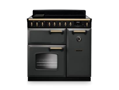 Rangemaster CLDL90EIPSLTAB1 90cm Classic Deluxe Induction Range Cooker in Slate with Antique Brass Trim