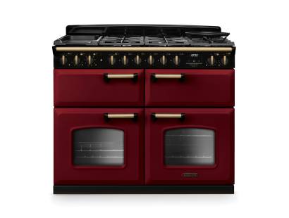 Rangemaster CLDLB110DFPBORAB1 Classic Deluxe 110cm dual fuel range cooker in Bordeaux with antique brass trim