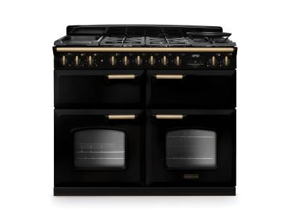 Rangemaster CLDLB110DFPGBLAB1 Classic Deluxe 110cm dual fuel range cooker in gloss black with antique brass trim