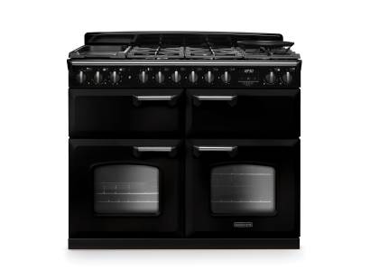 Rangemaster CLDLB110DFPGBLCM1 Classic Deluxe 110cm dual fuel range cooker in gloss black with chrome trim