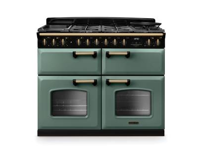 Rangemaster CLDLB110DFPMGRAB1 Classic Deluxe 110cm dual fuel range cooker in mineral green with antique brass trim
