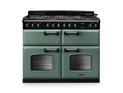 Rangemaster CLDLB110DFPMGRCM1 Classic Deluxe 110cm dual fuel range cooker in mineral green with chrome trim