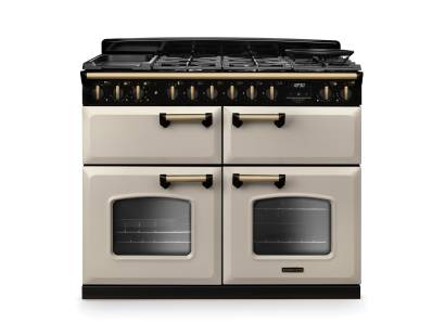 Rangemaster CLDLB110DFPPCRAB1 Classic Deluxe 110cm dual fuel range cooker in pale cream with antique brass trim