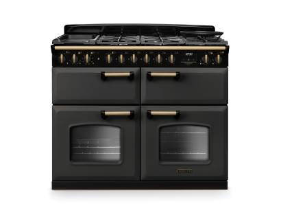 Rangemaster CLDLB110DFPSLTAB1 Classic Deluxe 110cm dual fuel range cooker in slate with antique brass trim