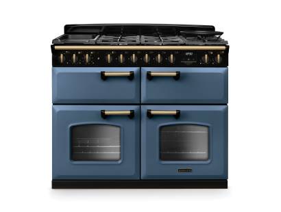 Rangemaster CLDLB110DFPSTBAB1 Classic Deluxe 110cm dual fuel range cooker in stone blue with antique brass trim