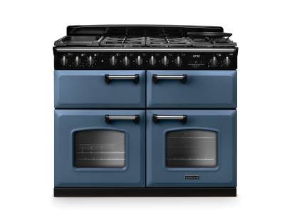 Rangemaster CLDLB110DFPSTBCM1 Classic Deluxe 110cm dual fuel range cooker in stone blue with chrome trim