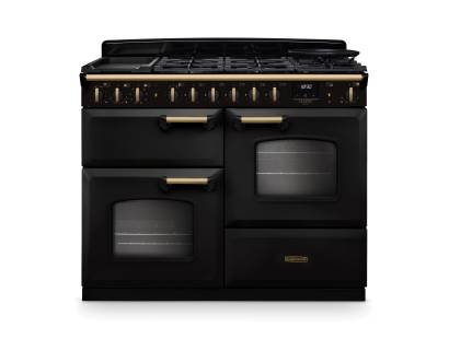 Rangemaster CLDLO110DFPCBLAB1 110cm Classic Deluxe Dual Fuel Range Cooker in Charcoal Black and Antique Brass Trim