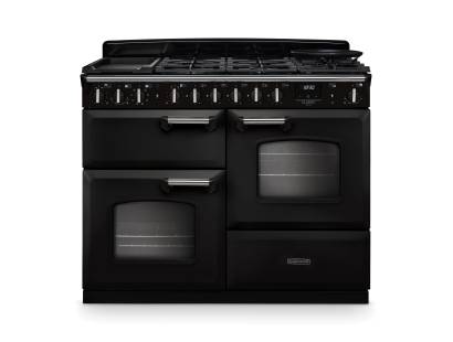 Rangemaster CLDLO110DFPCBLCM1 Classic Deluxe 110cm dual fuel range cooker in charcoal black with chrome trim